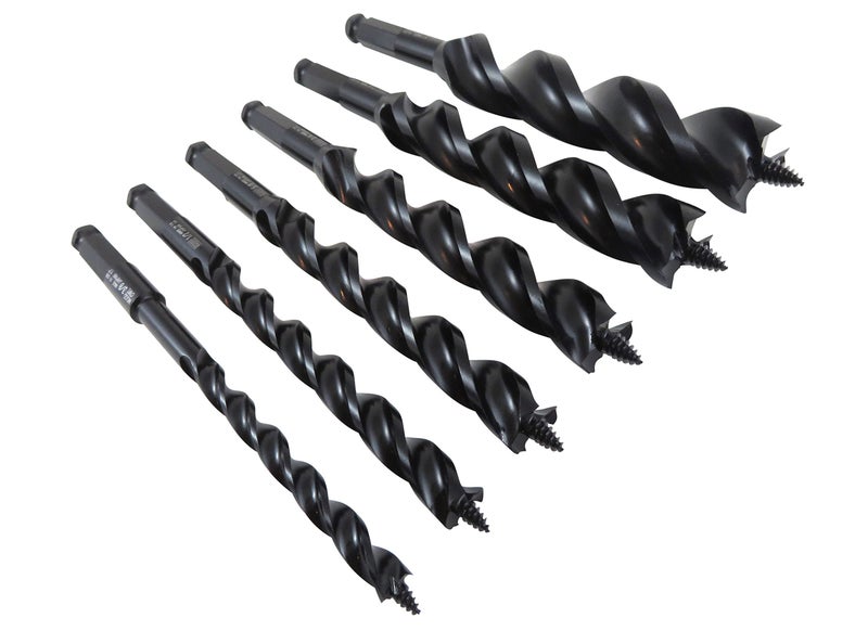 WoodOwl 6 Piece Set with 3/8", 1/2â€, 5/8", 3/4â€, 7/8" and 1â€ x 7-1/2â€ Long Ultra Smooth Tri Cut Auger Hand Brace Boring Bit PTEE coated 09703-09713 - Image 1